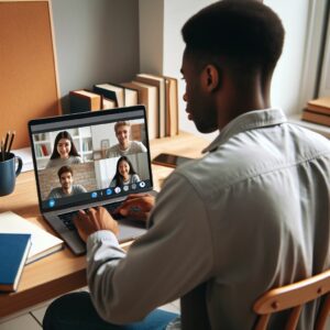 Black college students in an online meeting with four other students shown on the laptop screen.