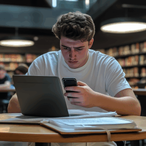 A white male college student worriedly waiting for a response to a text message